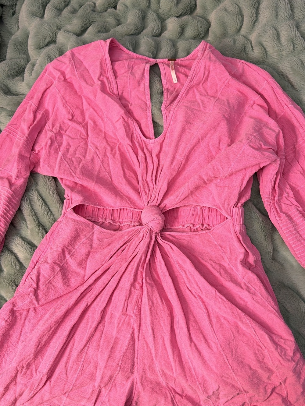 Free People Pink Textured Romper with Front Knot Accent small